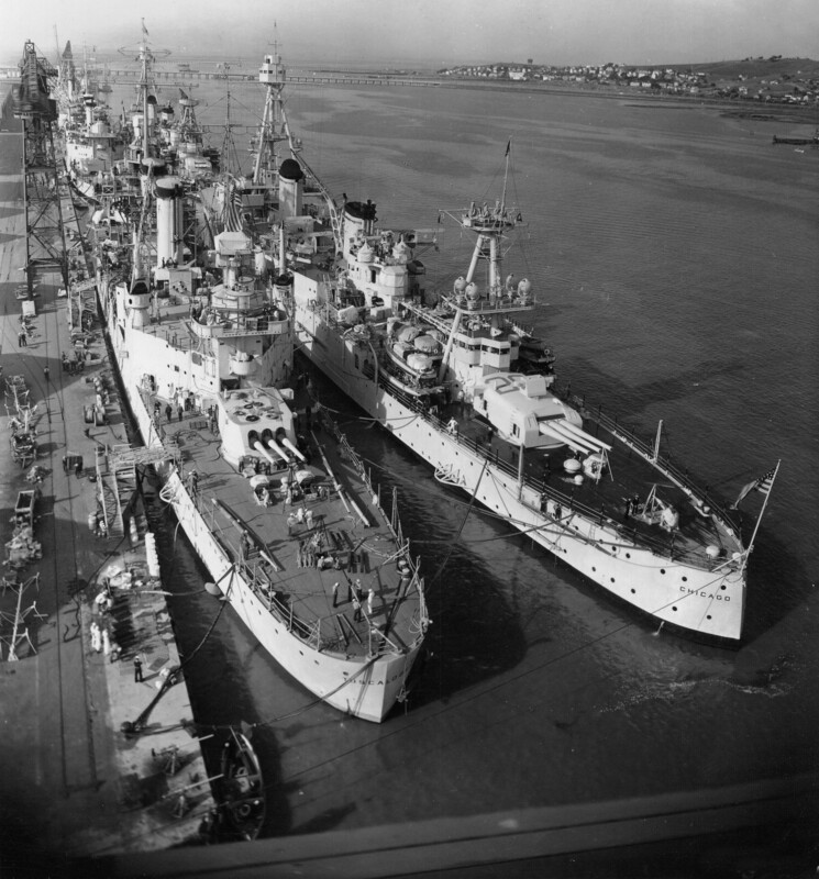 USS San Francisco (CA-38) - N1803M.jpg :: USS San Francisco (CA-38), Heavy Cruiser, Post-WW I - US NAVY PHOTO: The USS San Francisco (CA-38) is forward of the USS Tuscaloosa (CA-37) on the left and the USS Houston (CA-30) is forward of the USS Chicago (CA-29) at Mare Island Navy Yard between 3-5 Nov 1936.