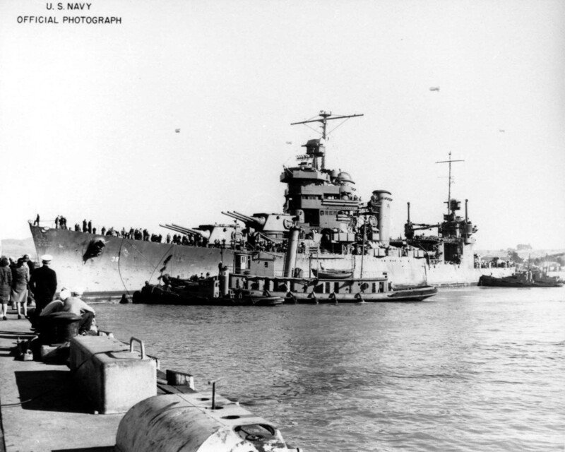 USS San Francisco (CA-38) - N1804H.jpg :: USS San Francisco (CA-38), Heavy Cruiser, WW II - US NAVY PHOTO: USS San Francisco (CA-38) is being assisted to her berth at Mare Island Navy Yard on 14 Dec 1942.