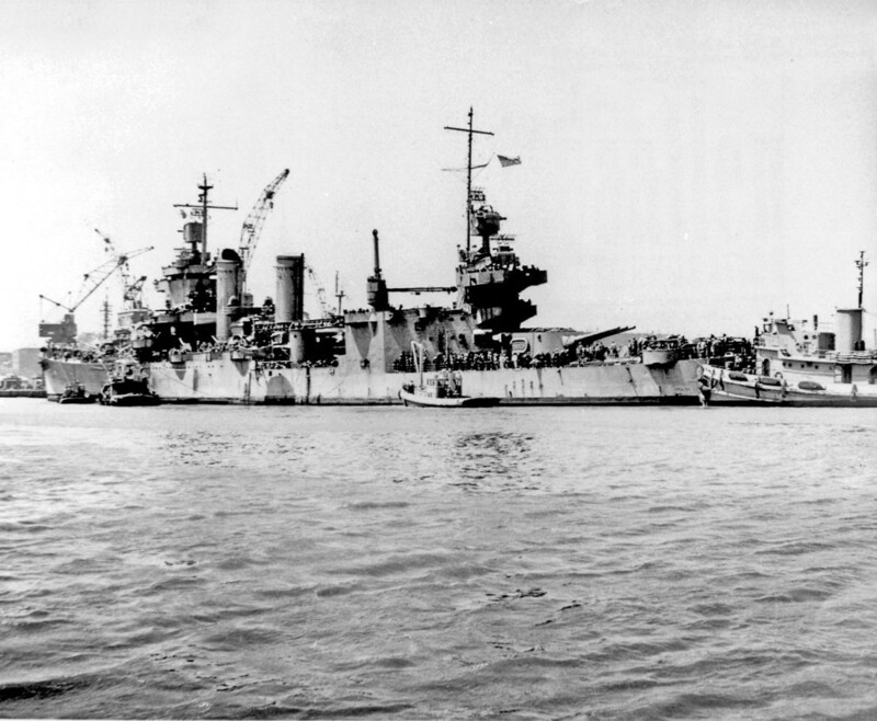 USS San Francisco (CA-38) - N1804M.jpg :: USS San Francisco (CA-38), Heavy Cruiser, WW II - US NAVY PHOTO: View of USS San Francisco (CA-38) arriving at Mare Island for overhaul on 16 Aug 1944. She was in overhaul at the yard from 16 Aug until 17 Oct 1944.