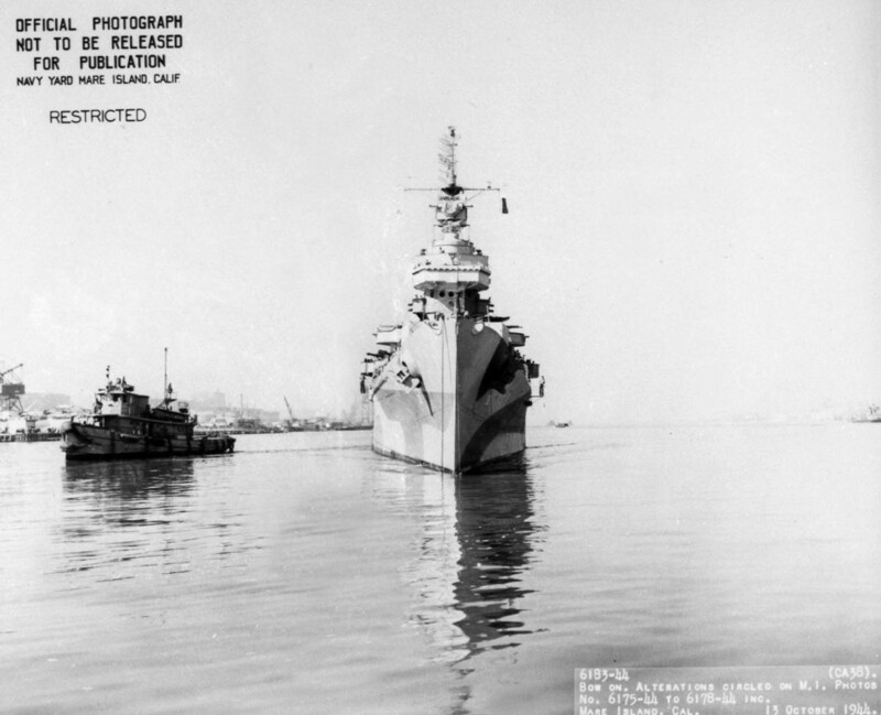 USS San Francisco (CA-38) - N1805F.jpg :: USS San Francisco (CA-38), Heavy Cruiser, WW II - US NAVY PHOTO: Bow on view of USS San Francisco (CA-38) departing Mare Island on 13 Oct 1944 for trials.
