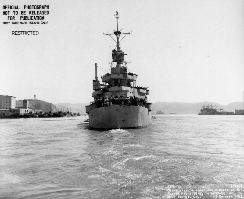 USS San Francisco (CA-38) - N1805G.jpg :: USS San Francisco (CA-38), Heavy Cruiser, WW II - US NAVY PHOTO: Stern view of USS San Francisco (CA-38) departing Mare Island on 13 Oct 1944 for trials.