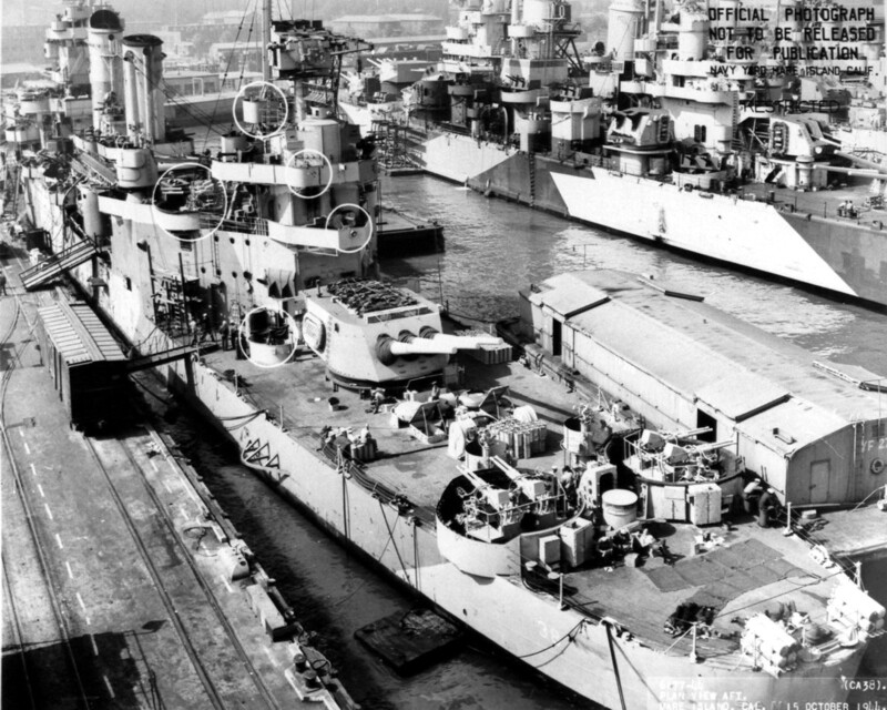 USS San Francisco (CA-38) - N1805H.jpg :: USS San Francisco (CA-38), Heavy Cruiser, WW II - US NAVY PHOTO: Aft plan view of USS San Francisco (CA-38) at Mare Island on 15 Oct 1944. She was in overhaul at the shipyard from 16 Aug - 17 Oct 44 and was loading ammunition of this date. USS Baltimore (CA-68) is in the background.