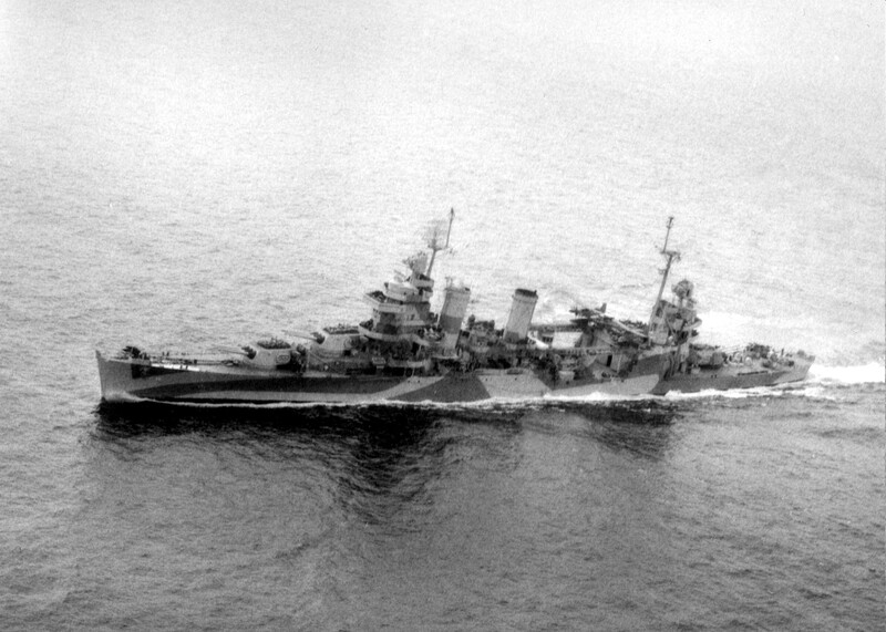 USS San Francisco (CA-38) - N1805J.jpg :: USS San Francisco (CA-38), Heavy Cruiser, WW II - US NAVY PHOTO: Portside aerial view of USS San Francisco (CA-38) dated 20 Oct 1944, taken by an Ensign Hoffman from an airship from Squadron ZP-31.