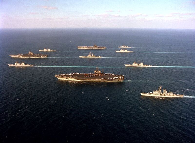 USS San Jacinto (CG-56) - N25924G.jpg :: USS San Jacinto (CG-56),Guided Missile Cruiser, Iraq War - US NAVY PHOTO: Task Force 155 in the Red Sea during Operation Desert Storm, 9 Feb 1991. The ships are: Left, Top to Bottom: USS San Jacinto (CG-56), USS Saratoga (CV-60), USS Thomas S. Gates (CG-51). Center, Top to Bottom: USS America (CV-66), USS Mississippi (CGN-40), USS John F. Kennedy (CV-67). Right, Top to Bottom: USS Preble (DDG-46), USS Philippine Sea (CG-58), USS Normandy (CG-60), and USS William V. Pratt (DDG-44).