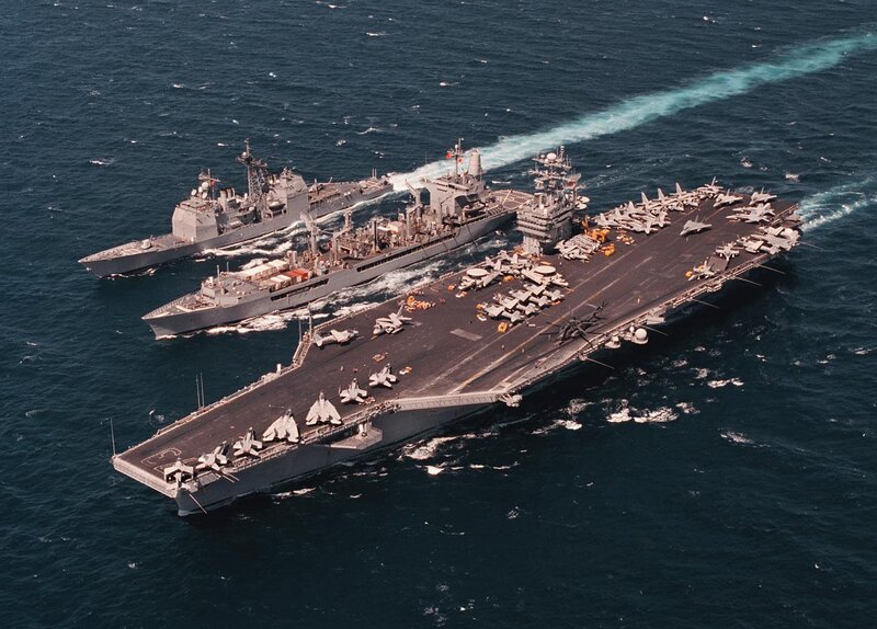 USS San Jacinto (CG-56) - N25924J.jpg :: USS San Jacinto (CG-56),Guided Missile Cruiser, Iraq War - US NAVY PHOTO: The fleet oiler USS Merrimack (AO-179) (center) provides fuel to guided missile cruiser USS San Jacinto (CG-56) (left) and aircraft carrier USS George Washington (CVN-73) (right) during replenishment at sea operations in the Arabian Gulf on 29 Apr 1996. The three U.S. Navy ships were deployed to the Arabian Gulf in support of Operation Southern Watch. DoD photo by Petty Officer 2nd Class Jim Vidrine, U.S. Navy.