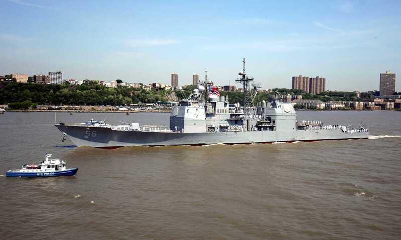 USS San Jacinto (CG-56) - N30214A.jpg :: USS San Jacinto (CG-56), Guided Missile Cruiser, Iraq War - US NAVY PHOTO: The guided-missile cruiser USS San Jacinto (CG-56) passes alongside the multi-purpose amphibious assault ship USS Wasp (LHD 1) during a parade of ships in the Hudson River. Wasp is visiting New York City in support of Fleet Week 2007. This marks the 20th Anniversary New York has hosted this event. New York, NY, 23 May 2007. Photo by Seaman Kevin T. Murray Jr.