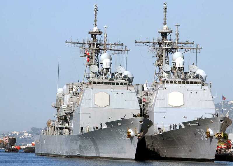 USS San Jacinto (CG-56) - N30214D.jpg :: USS San Jacinto (CG-56), Guided Missile Cruiser, Iraq War - US NAVY PHOTO: The guided-missile cruisers USS San Jacinto (CG-56), left, and the USS Philippine Sea (CG-58) moored side-by-side at the Marathi NATO Pier Facility for a port visit, Souda Bay, Crete. The Ticonderoga-class cruisers are deployed with the U.S. 6th Fleet area of responsibility conducting maritime security operations and theater security coordination efforts, 14 Mar 2008. U.S. Navy photo by Mr. Paul Farley.