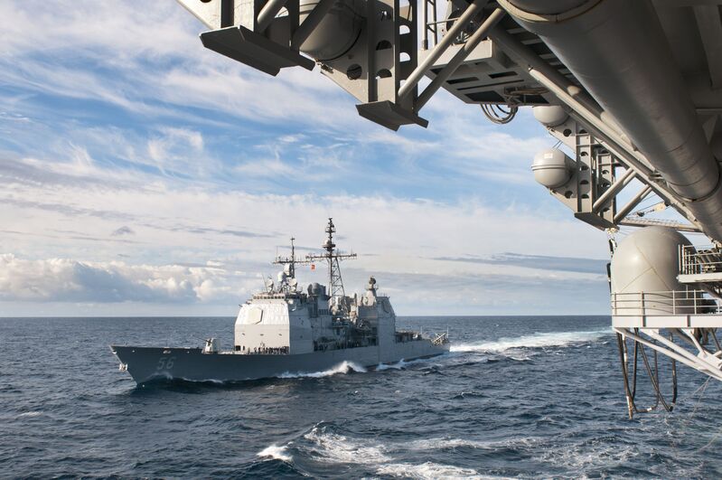 USS San Jacinto (CG-56) - N30214E.jpg :: USS San Jacinto (CG-56), Guided Missile Cruiser, Iraq War - US NAVY PHOTO: The guided-missile cruiser USS San Jacinto (CG-56) approaches the amphibious assault ship USS Kearsarge (LHD-3) for a fueling at sea, Atlantic Ocean, 6 Jun 2012. U.S Navy photo by Mass Communication Specialist 1st Class Tommy Lamkin.