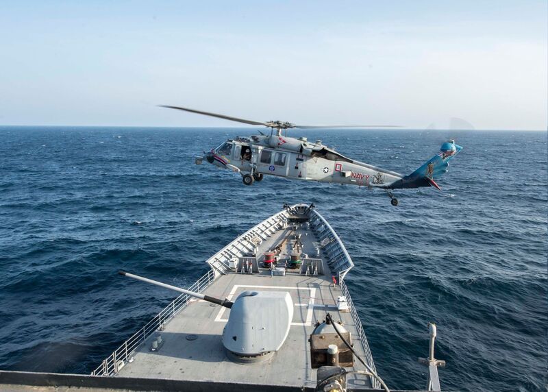 USS San Jacinto (CG-56) - N30214F.jpg :: USS San Jacinto (CG-56), Guided Missile Cruiser, Iraq War - US NAVY PHOTO: An MH-60S Sea Hawk helicopter assigned to Helicopter Sea Combat Squadron SIX (HSC 6) hovers over the guided-missile cruiser USS San Jacinto (CG-56) during a hovering exercise. San Jacinto is deployed as part of the Harry S. Truman Carrier Strike Group supporting maritime security operations and theater security cooperation efforts in the U.S. 5th Fleet area of responsibility, Red Sea, 10 Nov 2013. U.S. Navy photo by Mass Communication Specialist 3rd Class Preston Paglinawan.