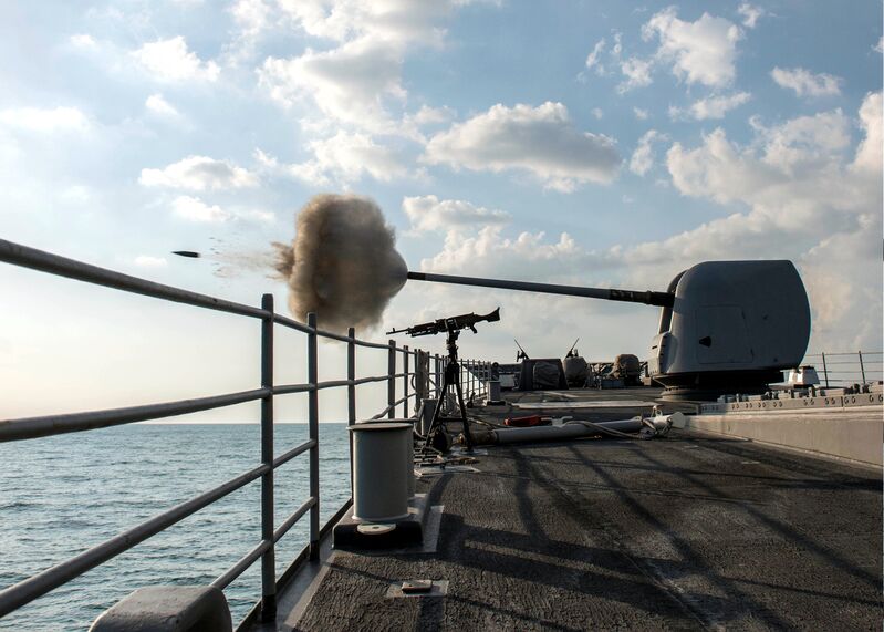 USS San Jacinto (CG-56) - N30214G.jpg :: USS San Jacinto (CG-56), Guided Missile Cruiser, Iraq War - US NAVY PHOTO: The guided-missile cruiser USS San Jacinto (CG-56) fires its 5-inch gun during a live-fire exercise. San Jacinto is deployed as part of the Harry S. Truman Carrier Strike Group supporting maritime security operations and theater security cooperation efforts in the U.S. 5th Fleet area of responsibility, Arabian Gulf, 23 Dec 2013. U.S. Navy photo by Mass Communication Specialist 3rd Class Preston Paglinawan.