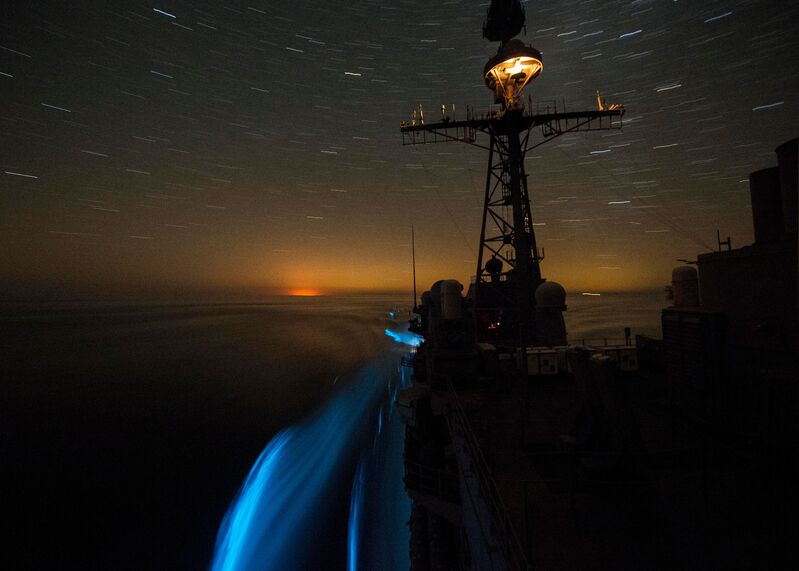 USS San Jacinto (CG-56) - N30214H.jpg :: USS San Jacinto (CG-56), Guided Missile Cruiser, Iraq War - US NAVY PHOTO: The guided-missile cruiser USS San Jacinto (CG-56) passes through bioluminescent algae while underway in the Arabian Gulf. San Jacinto is deployed as part of the Harry S. Truman Carrier Strike Group supporting maritime security operations and theater security cooperation efforts in the U.S. 5th Fleet area of responsibility, Arabian Gulf, 4 Jan 2014. U.S. Navy photo by Mass Communication Specialist 3rd Class Preston Paglinawan.