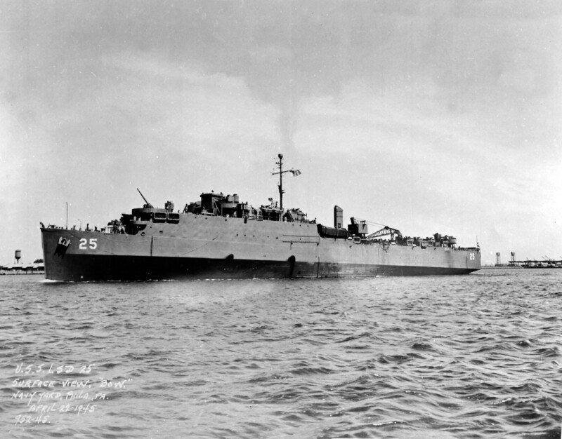 USS San Marcos (LSD-25) - N22031.jpg :: USS San Marcos (LSD-25), Landing Ship, Dock, WW II - US NAVY PHOTO: USS San Marcos (LSD-25) surface 3/4 bow, Philadelphia, PA, 22 Apr 1945.
