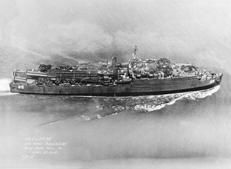 USS San Marcos (LSD-25) - N22031A.jpg :: USS San Marcos (LSD-25), Landing Ship, Dock, WW II - US NAVY PHOTO: USS San Marcos (LSD-25) aerial broadside, underway, 22 Apr 1945.
