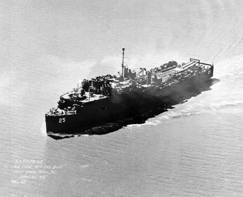 USS San Marcos (LSD-25) - N22031B.jpg :: USS San Marcos (LSD-25), Landing Ship, Dock, WW II - US NAVY PHOTO: USS San Marcos (LSD-25), aerial 3/4 bow underway off Philadelphia, PA, 22 Apr 1945.