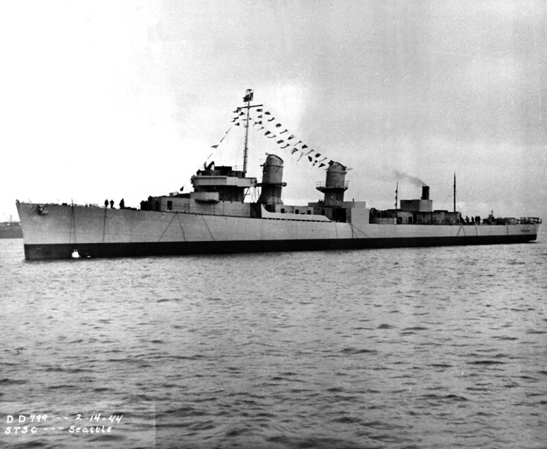 USS Scroggins (DE-799) - N12889.jpg :: USS Scroggins (DE-799), Destroyer Escort, WW II - US NAVY PHOTO: USS Scroggins (DE-779) launching afloat, broad on bow view, Seattle, WA, 14 Feb 1944.