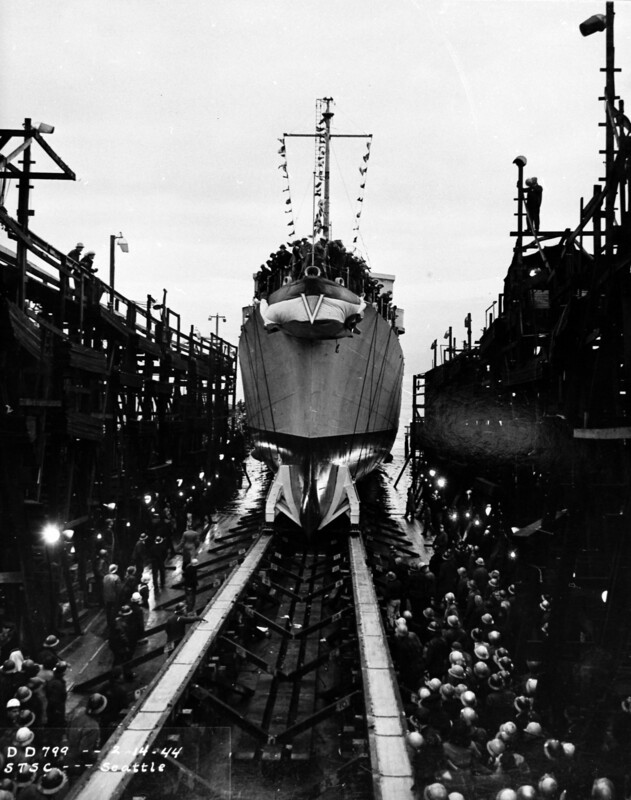 USS Scroggins (DE-799) - N12889A.jpg :: USS Scroggins (DE-799), Destroyer Escort, WW II - US NAVY PHOTO: USS Scroggins (DE-779) launching down ways, bow view, 14 Feb 1944.
