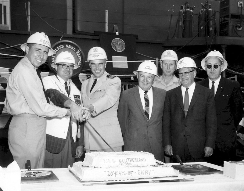 USS Southerland (DD-743) - N7112F.jpg :: USS Southerland (DD-743), Destroyer, Vietnam War - US NAVY PHOTO: VIPs cut the 20th year birthday cake for the USS Southerland (DD 743) at Mare Island on 27 May 1964. Left to right: LCDR RIchard J. Skinner (Commanding Officer), Congressman Robert L. Leggett, Capt. N. Frankenburger (Production Officer), State Senator L. E. Gibson, Capt. Budding (Shipbuilding and Repair Superintendent), Irv Whitthorne and Fran Derr.