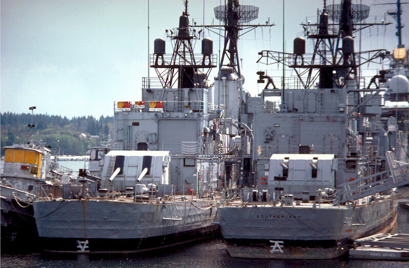 USS Southerland (DD-743) - N7113C.jpg :: USS Southerland (DD-743), Destroyer, Post-Vietnam War - US NAVY PHOTO: The decommissioned Gearing-class destroyers USS Southerland (DD-743) and USS Hollister (DD-788) docked at the Naval Inactive Ship Maintenance Facility, Puget Sound, Washington, on 1 Jul 1981. Hollister had been decommissioned in Sep 1979, Southerland on 26 Feb 1981. Photo by JO1 Callaghan, USN. U.S.