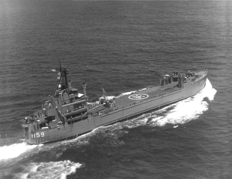 USS Tom Green County (LST-1159) - N26963G.jpg :: USS Tom Green County (LST-1159), Landing Ship, Tank, Vietnam War - US NAVY PHOTO: Overhead view of USS Tom Green County (LST-1159) underway during the early 1970s, location unknown.