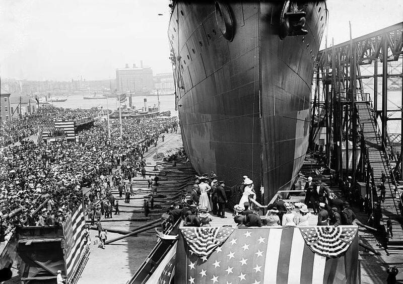 USS Vestal (AR-4) - N20151B.jpg :: USS Vestal (AR-4), Repair Ship, Post-Civil War - US NAVY PHOTO: Christening and launch of USS Vestal (AR-4) (Collier #1). Miss Goodrich, ship's sponsor, breaking the traditional bottle of champagne across the bow of the ship at New York Navy Yard, Brooklyn, N.Y. on 19 May 1908.