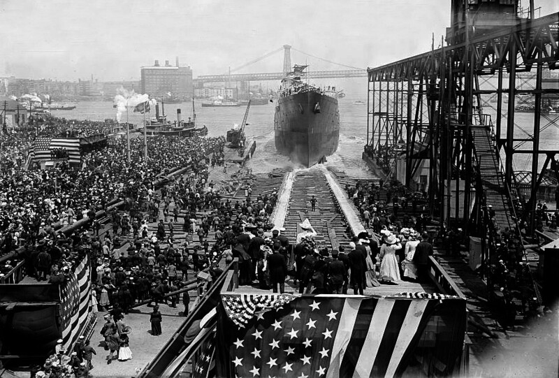 USS Vestal (AR-4) - N20151C.jpg :: USS Vestal (AR-4), Repair Ship, Post-Civil War - US NAVY PHOTO: USS Vestal (AR-4) (Collier #1) slides down the building ways at New York Navy Yard, Brooklyn, N.Y. on 19 May 1908, after Christening.

