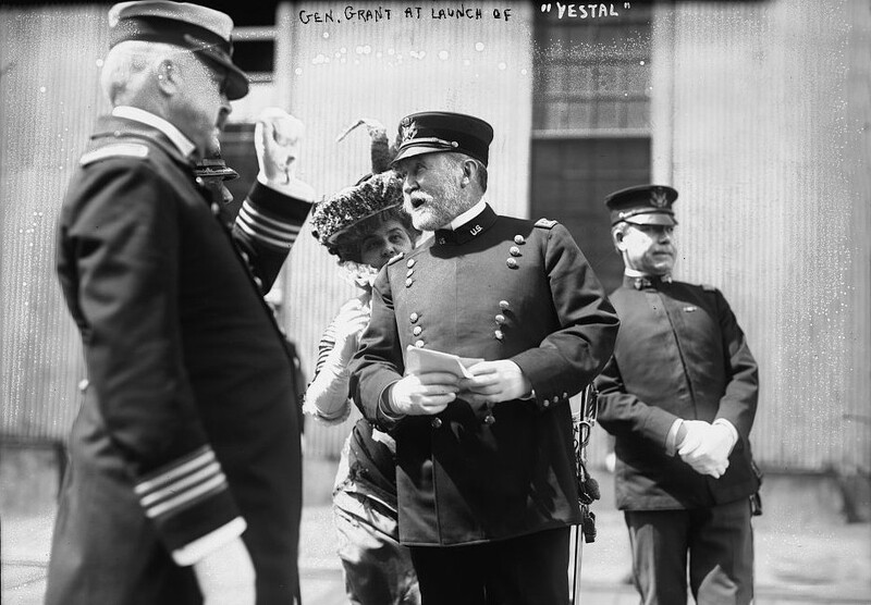 USS Vestal (AR-4) - N20151D.jpg :: USS Vestal (AR-4), Repair Ship, Post-Civil War - US NAVY PHOTO: General Frederick Dent Grant, son of Ulysses S. Grant, and others at launch of USS Vestal (AR-4) (Collier #1), Brooklyn Navy Yard, New York 19 May 1908. The commanding officer CDR. Edward Latimer Beach, Sr. stands to the left of General Grant during the ceremonies.
