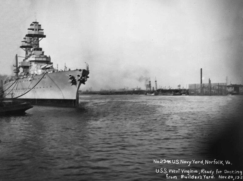 USS West Virginia (BB-48) - N3181J.jpg :: USS West Virginia (BB-48), Battleship, Post-WW I - US NAVY PHOTO: USS West Virginia (BB-48) ready for docking from Builder's Yard, 20 Nov 1922.