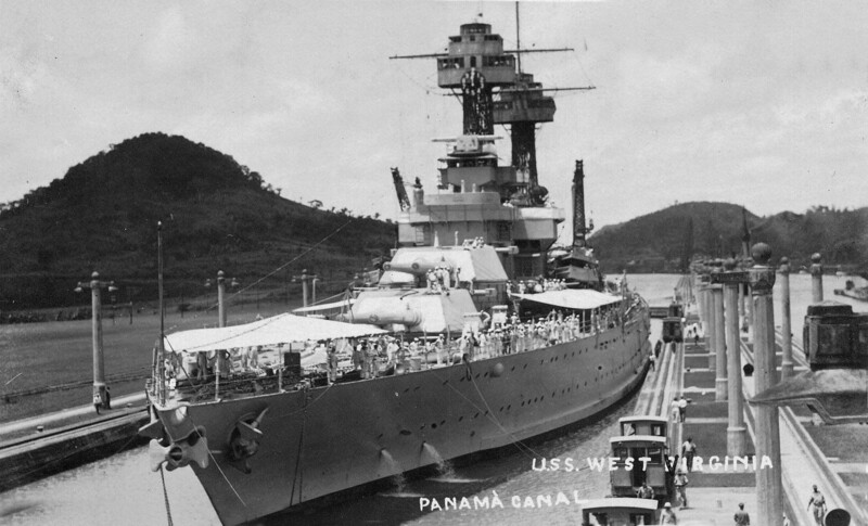 USS West Virginia (BB-48) - N3181K.jpg :: USS West Virginia (BB-48), Battleship, Post-WW I - US NAVY PHOTO: Post card photo of the USS West Virginia (BB-48) going through the Panama Canal in Oct 1924.