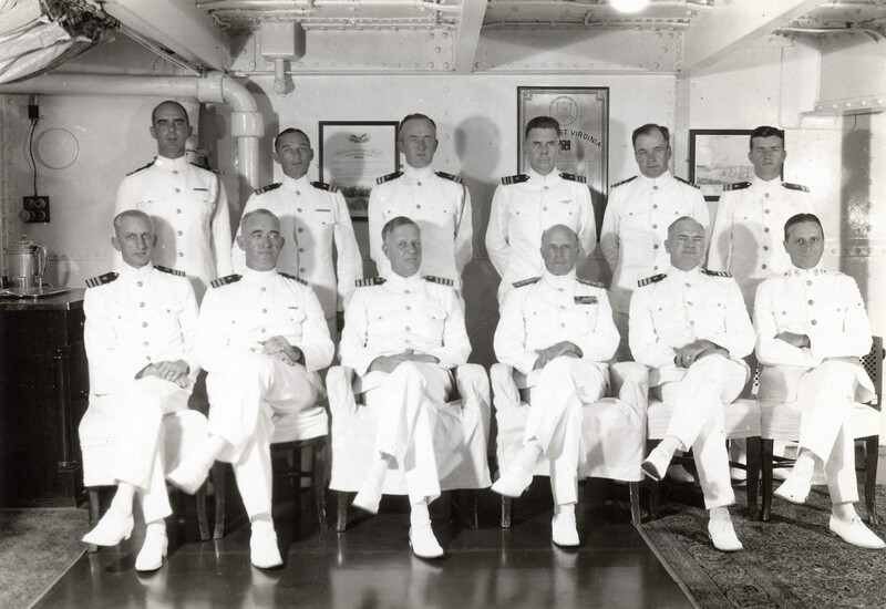 USS West Virginia (BB-48) - N3182K.jpg :: USS West Virginia (BB-48), Battleship, Post-WW I - US NAVY PHOTO: USS West Virginia (BB-48) officers and CinCus staff pose in the officers' wardroom, circa 1934-36. Among those posing for the photo is future RADM Frederick J. Bell. At the time Bell was a LT serving as Flag Secretary and Operations Officer to VADM Thomas T. Craven, (first row, 3rd on the left, who looks remarkably like Admiral Husband E. Kimmel). When Craven returned to shore duty in 1935, Bell remained on the WV as Main Battery Assistant and Tactical Officer until 1936. Bell later went on to command the destroyer Grayson during the WW II, earning the Navy Cross during the Battle of the Eastern Solomons in Aug 1942. Bell is in the back row, extreme right.