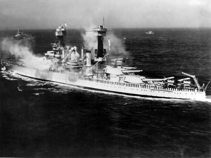 USS West Virginia (BB-48) - N3183H.jpg :: USS West Virginia (BB-48), Battleship, WW II - US NAVY PHOTO: The crew of the USS West Virginia (BB-48) line the rails during exercises in 1939. In the background are a heavy cruiser of the USS Pensacola (CA-24) class, a 4 stack destroyer and a smaller craft.