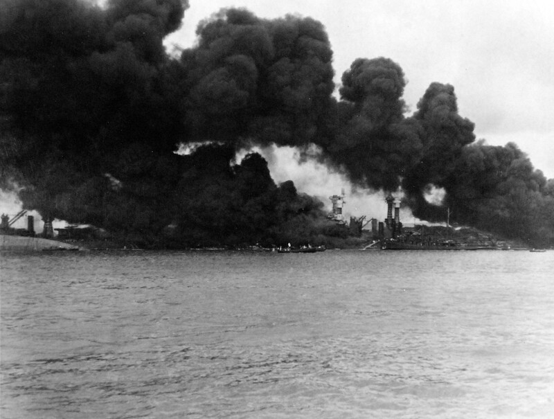 USS West Virginia (BB-48) - N3183K.jpg :: USS West Virginia (BB-48), Battleship, WW II - US NAVY PHOTO: View of Battleship Row during or immediately after the Japanese raid. USS West Virginia (BB-48) and USS Tennessee (BB-43) are in the center right. The capsized USS Oklahoma (BB-37) is at the left, alongside USS Maryland (BB-46).