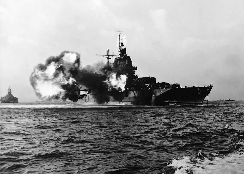 USS West Virginia (BB-48) - N3184G.jpg :: USS West Virginia (BB-48), Battleship, WW II - US NAVY PHOTO: USS Idaho (BB-42) & USS West Virginia (BB-48) provide fire support during the invasion of Okinawa.