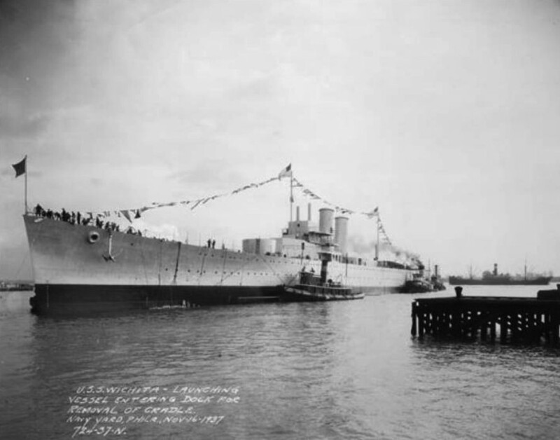 USS Witchita (CA-45) - N1839G.jpg :: USS Witchita (CA-45), Heavy Cruiser, Post-WW I - US NAVY PHOTO: USS Wichita (CA-45) being pushed into drydock for the removal of her launching cradle, Philadelphia Navy Yard, 16 Nov 1937.