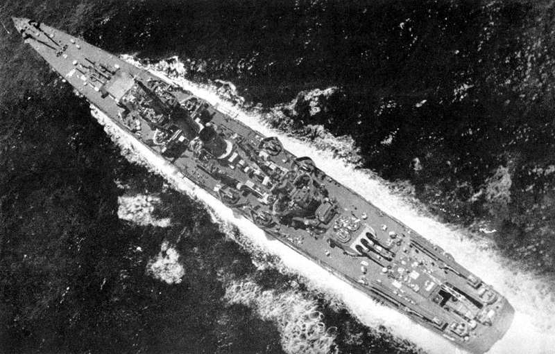 USS Witchita (CA-45) - N1839H.jpg :: USS Witchita (CA-45), Heavy Cruiser, WW II - US NAVY PHOTO: USS Wichita (CA-45) at sea, as seen in an undated overhead photo. This image clearly shows the her unique secondary 5\