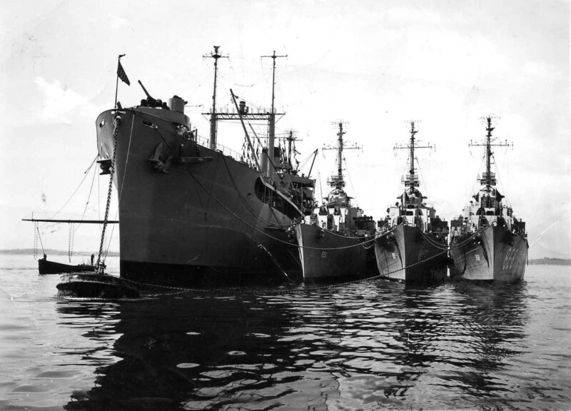 USS Yellowstone (AD-27) - N15472B.jpg :: USS Yellowstone (AD-27), Destroyer Tender, Post-WW II - US NAVY PHOTO: USS Yellowstone (AD-27) in the Mediterranean with three destroyers alongside. From inboard to outboard USS Robert H. McCard (DD-822), unidentified DD, and USS Stickell (DD-888) circa late 1940s.