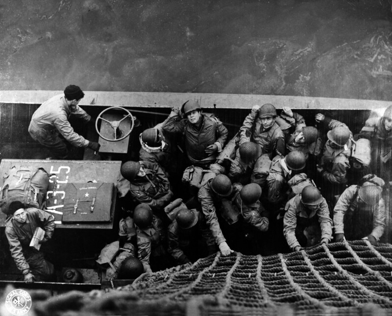 USS Zeilin (APA-3) - N18816B.jpg :: USS Zeilin (APA-3), Attack Personnel Transport Ship, WW II - US NAVY PHOTO: Aboard US Transport looking down into one of the landing barges loaded with men, just before the barge left for the attack on Massacre Bay; Attu, Aleutian Islands, 11 May 1943.
