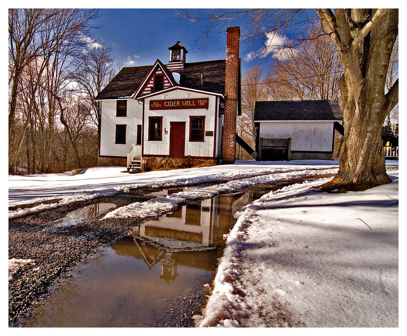 Clydes-late winter.jpg :: Old Mystic - Melting snow on a late winter's day at Clyde's Cider Mill.