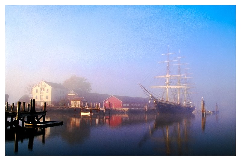 Conrad and fog.jpg :: Mystic - The Joseph Conrad and the waterfront of the Mystic Seaport is revealed through the morning fog.