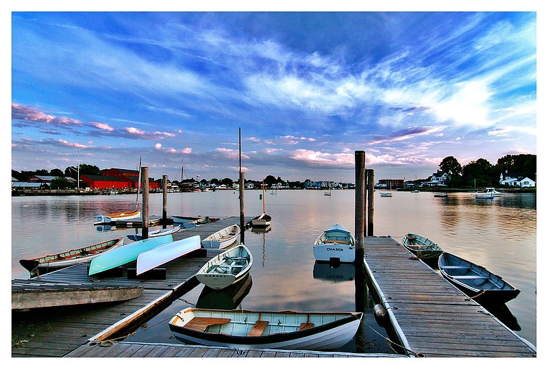 Mystic River-small boats.jpg :: Mystic - Small boats tied up along a floating dock with the town of Mystic in the background.