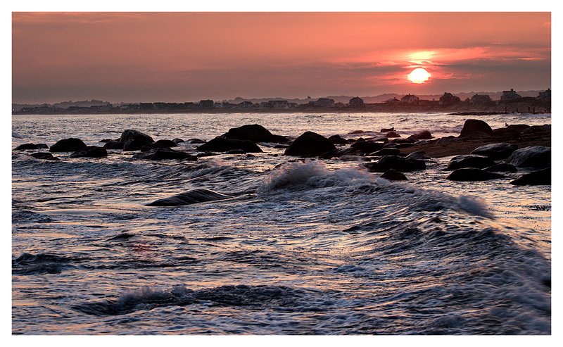 Weekapaug seascape.jpg :: Weekapaug R.I. - Waves crash against the rocky shore as the sun sets on the horizon.