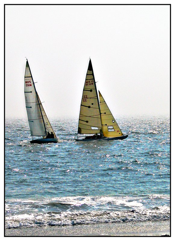 fog on the water.jpg :: Napatree R.I. - Two sailboats in competition on a foggy day.