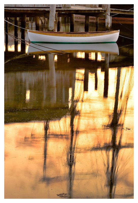 mast-shack reflection.jpg :: Mystic - The rigging and masts of a tall ship is reflected in the Mystic River at sunset.