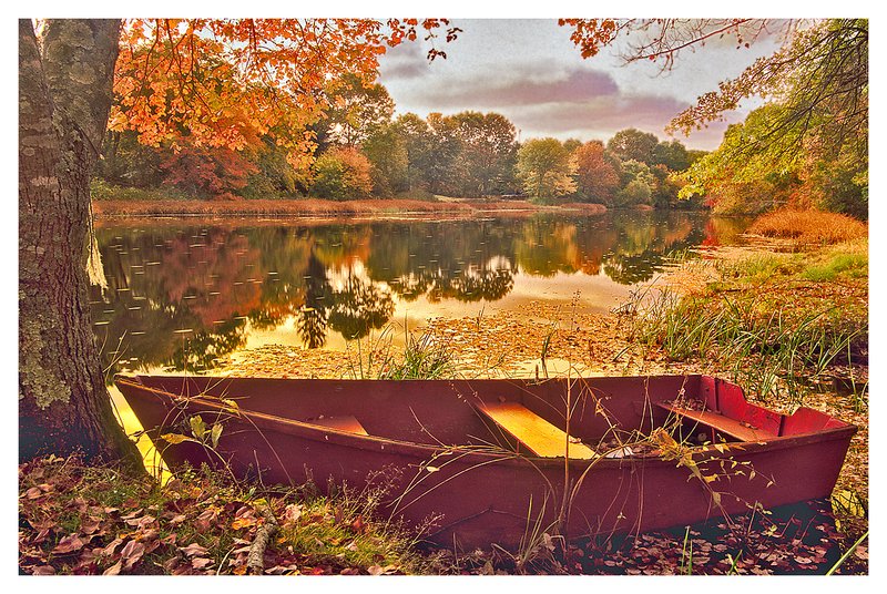 red rowboat.jpg :: Westerly R.I. - A red rowboat on the banks of a peaceful river.