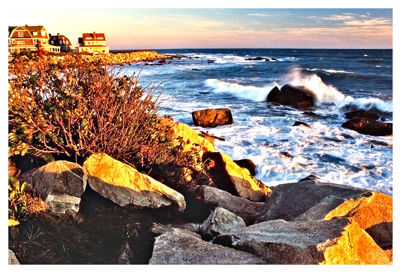 seashore - R.I..jpg :: Weekapaug R.I. - Huge waves from an ocean storm crash over rocks as the last rays of sunlight shine on the landscape.