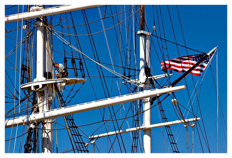 ships masts.American flag.jpg :: Mystic - The masts of the Charles W. Morgan.