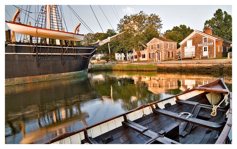 whaleboat and Morgan.jpg :: Mystic Seaport - Mystic Seaport's village is framed by the Charles W. Morgan and a whale boat as evening nears.