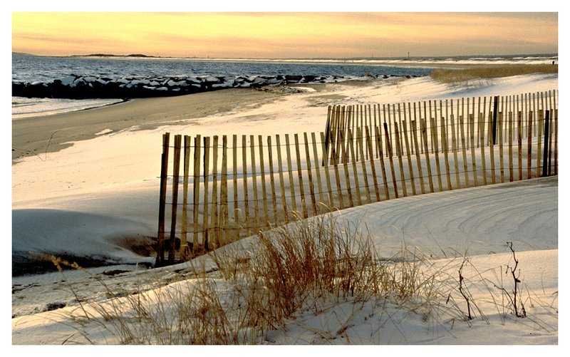 winter beach - snow fence.jpg :: Watch Hill R.I. - Snow fencing and snow drifts on a late winter's day. 