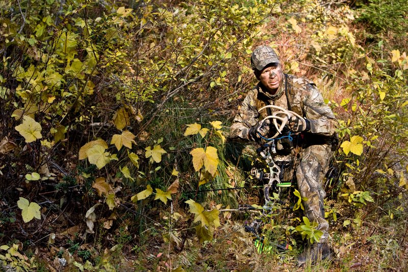 ©TC-Bowhunter-D90010-00618.jpg :: Bowhunter (wearing Advantage AP Brown Camo carrying a Hoyt Compound Bow) crouched down in deadfall and brush rattling for whitetails