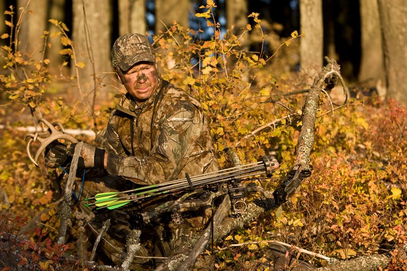 ©TC-Bowhunter-D90010-00633.jpg :: Bowhunter (wearing Advantage AP Brown Camo carrying a Hoyt Compound Bow) crouched down in deadfall and brush rattling for whitetails