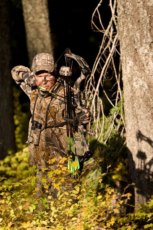 ©TC-Bowhunter-D90010-00636.jpg :: Bowhunter (wearing Advantage AP Brown Camo carrying a Hoyt Compound Bow) at full draw in timber and brush